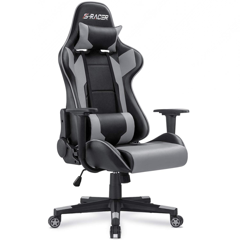 Gaming Chair, Office Chair High Back Computer Chair Leather Desk Chair Racing Executive Ergonomic Adjustable Swivel Task Chair with Headrest and Lumbar Support (Grey)