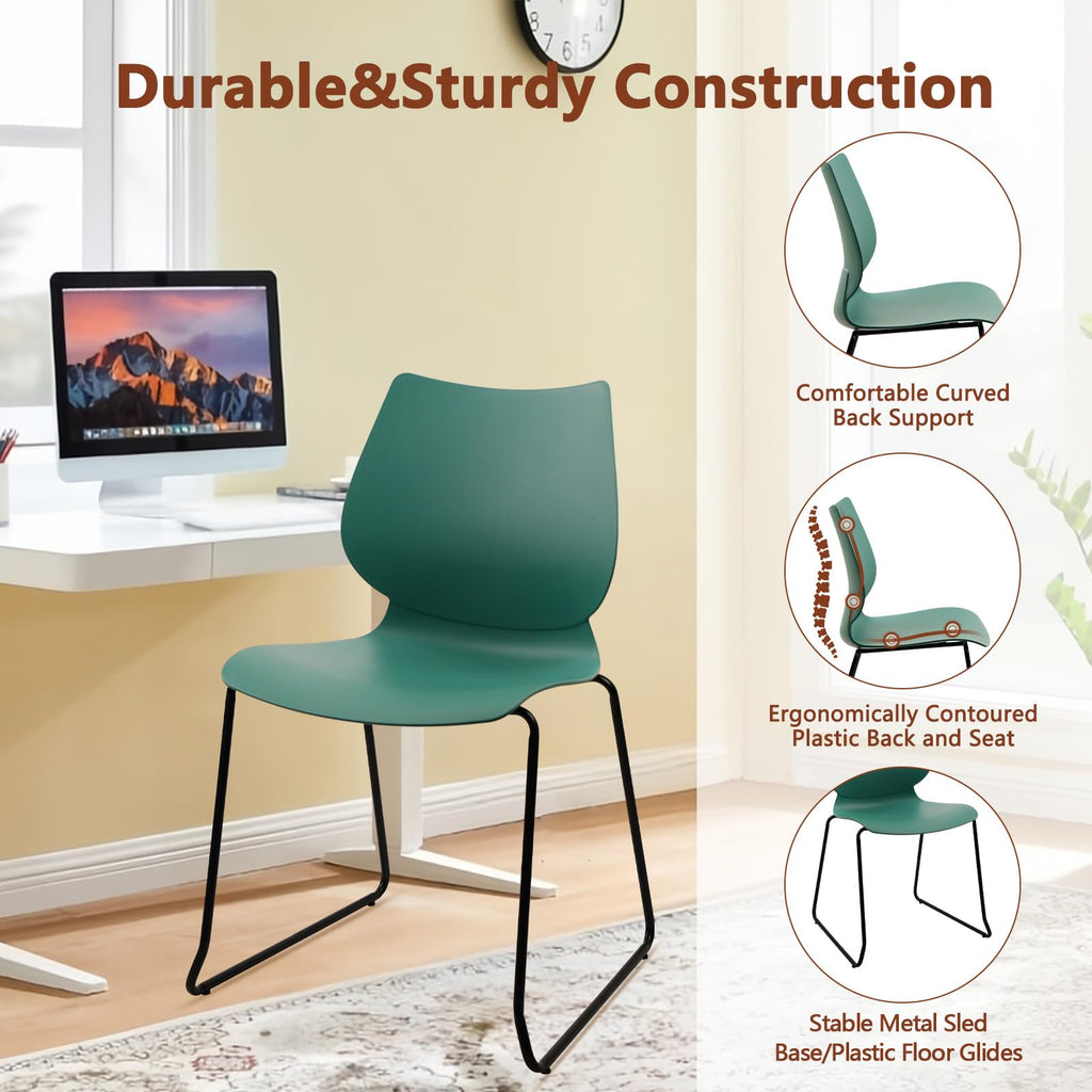 Set of 12, Green, Stackable Waiting Room Chair, Stacking Office Chair with Ergonomic Lumbar Support and Metal Legs, Plastic Desk Chairs for Conference School Church Guest Reception