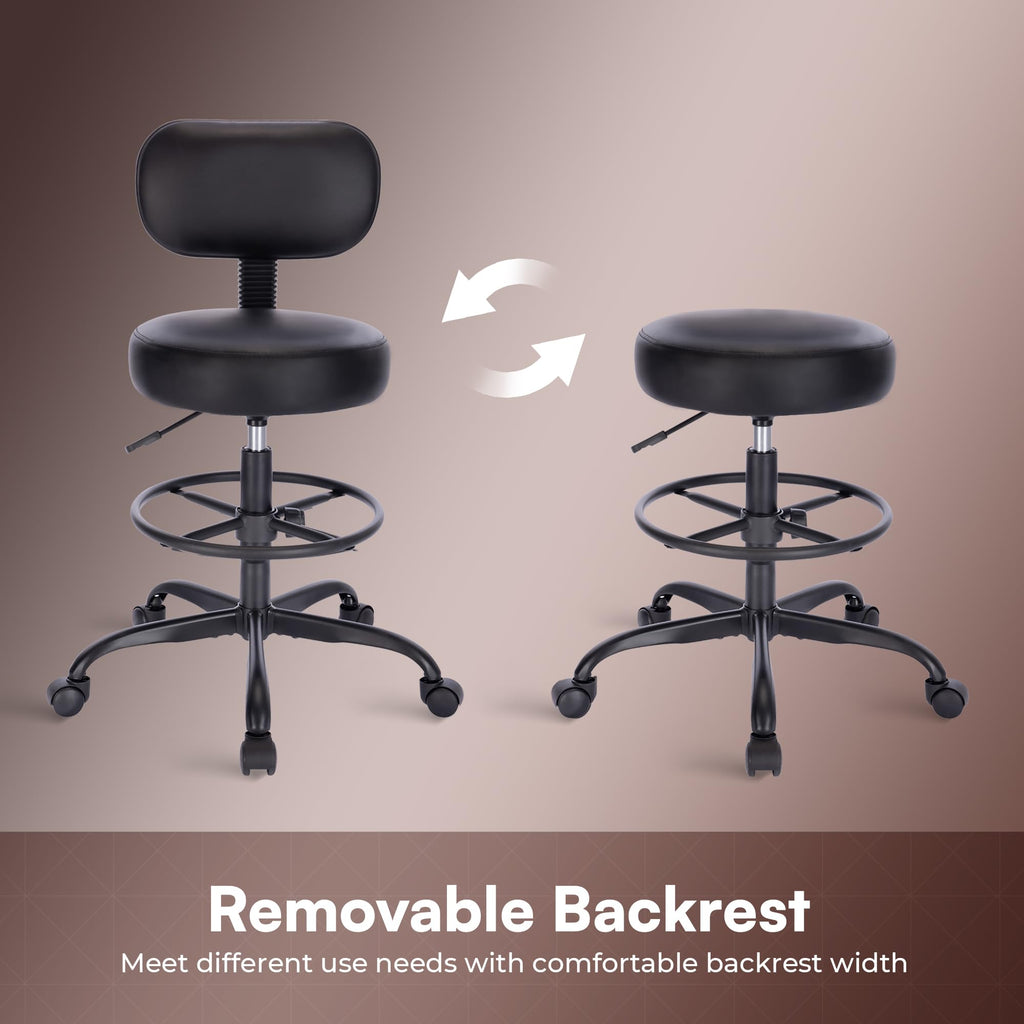 Drafting Chair with Back, Adjustable Foot Rest Rolling Stool, Multi-Purpose Office Desk Chair, Thick Seat Cushion for Home Bar Kitchen Shop - All Black