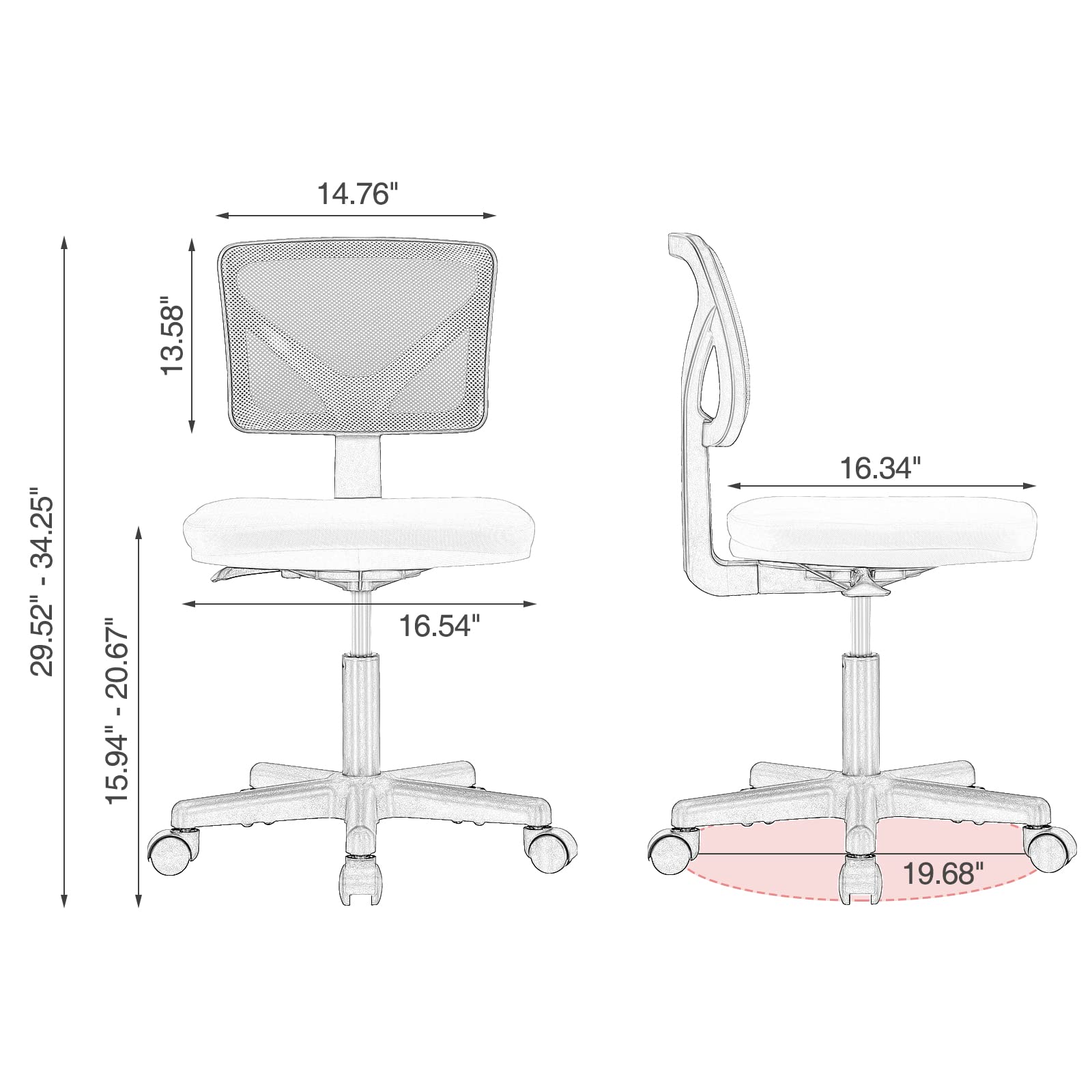 Small Desk Chair, Ergonomic Low-Back Mesh Rolling Work Swivel Chairs with Wheels, Armless Comfortable Seat Lumbar Support for Home, Bedroom, Study, Student, Adults,Classic Pink