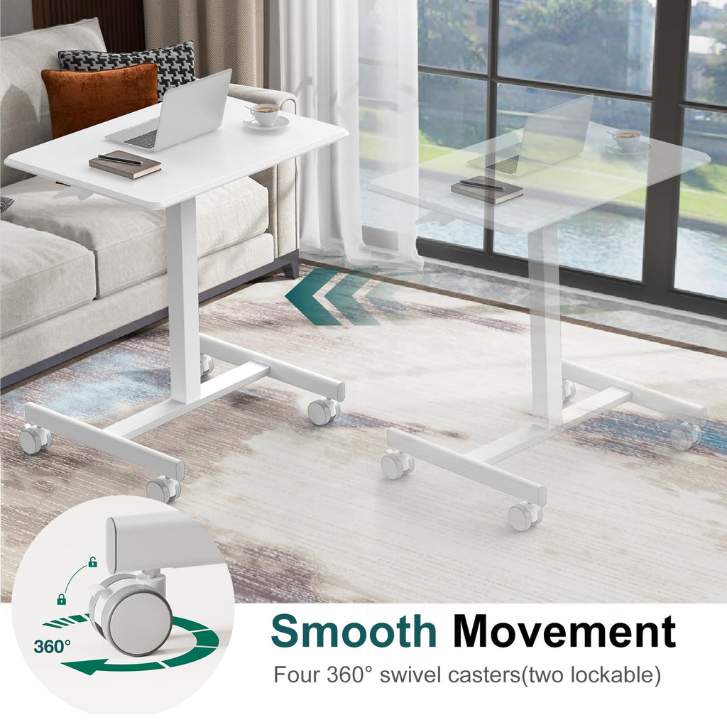 Mobile Small Standing Desk, Portable Rolling Laptop Desk with 2 Lockable Wheels, Adjustable Height Computer Workstation for Home Office, 19 Inch White