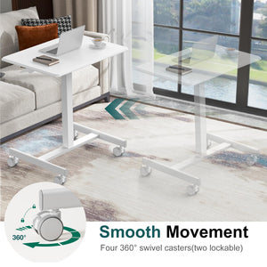 Mobile Small Standing Desk, Portable Rolling Laptop Desk with 2 Lockable Wheels, Adjustable Height Computer Workstation for Home Office, 19 Inch White