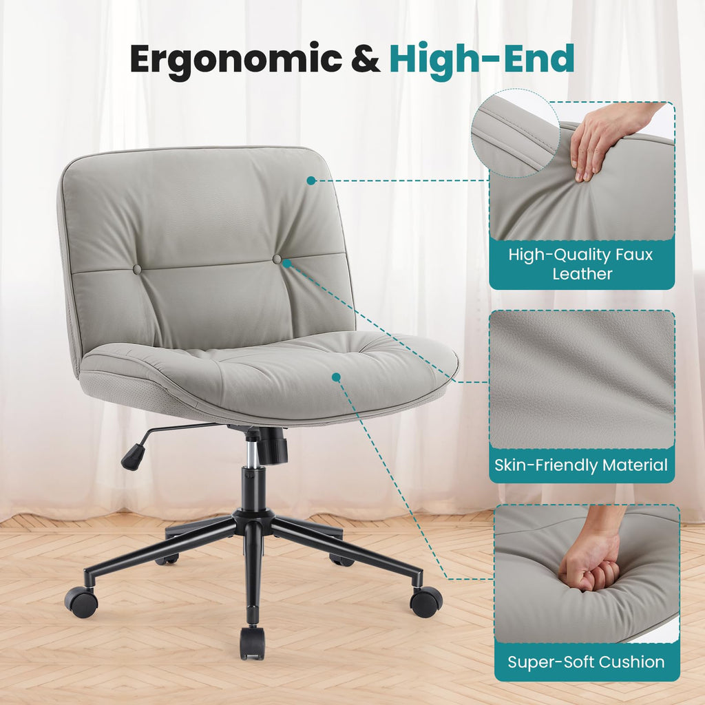 Criss Cross Chair with 360° Swivel Wheels, Armless Wide Cross Legged Vanity Office Desk Chair with Comfy PU Leather& Back - Swivel for Home Office Bedroom Study, Gray