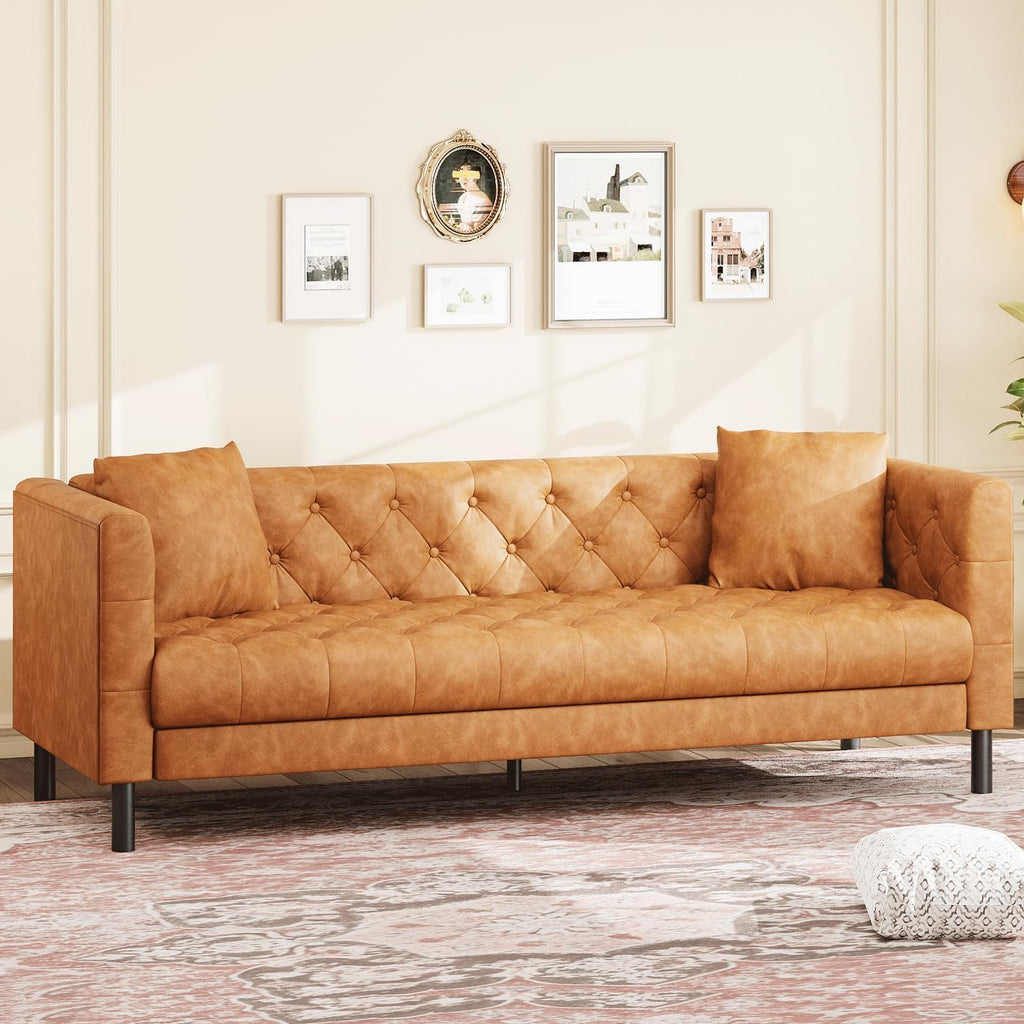 81" Leather Couch for Living Room, Chesterfield Sofa with Deep Seat, Handmade Button Tufted 3 Seater Sofa, Modern Leather Sofa for Apartment, or Office, Cognac Tan