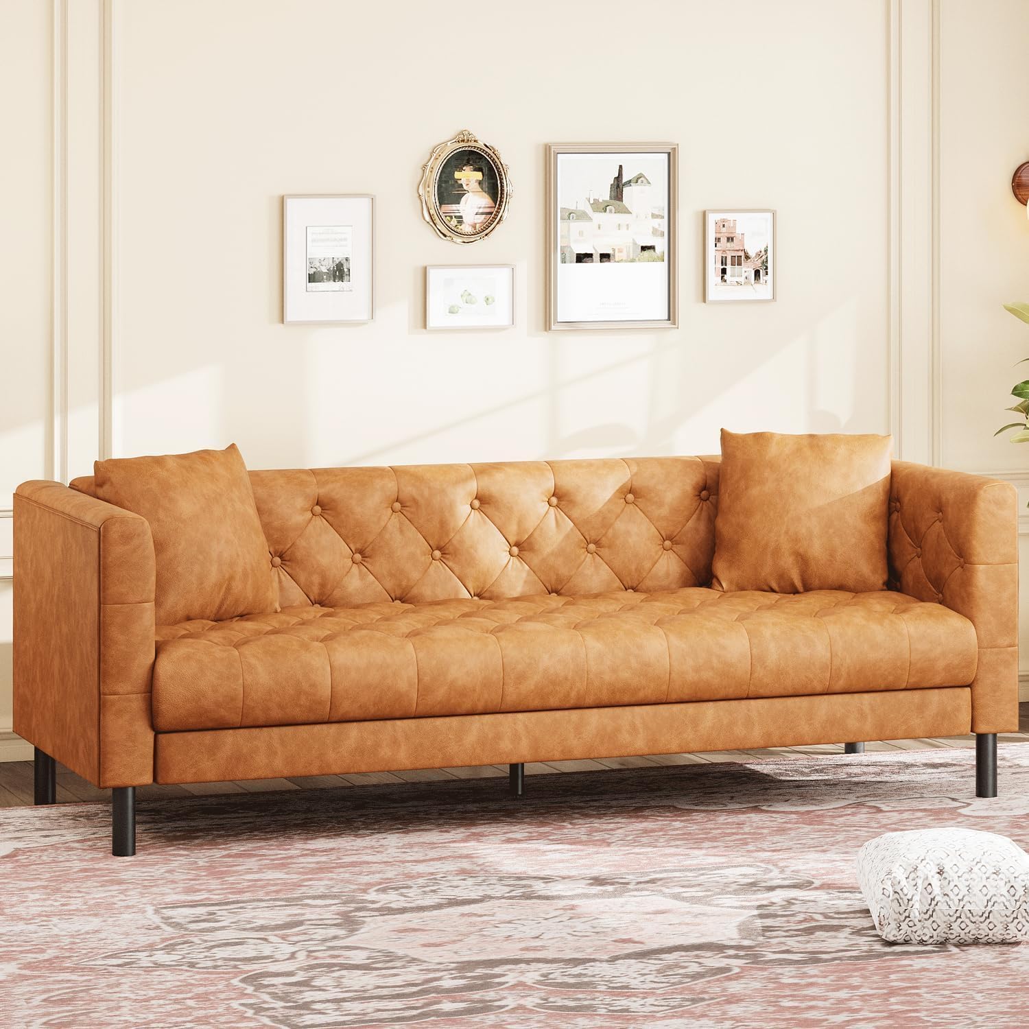 81" Leather Couch for Living Room, Chesterfield Sofa with Deep Seat, Handmade Button Tufted 3 Seater Sofa, Modern Leather Sofa for Apartment, or Office, Cognac Tan
