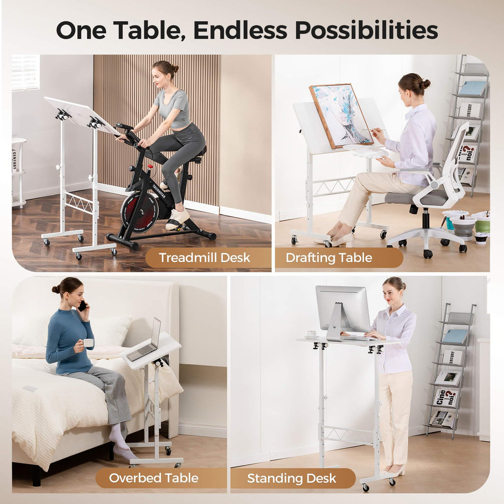 Standing Desk Adjustable Height & Tiltable Tabletop, Portable Stand Up Desk for Laptop, Mobile Folding Desk for Home Office Work and Walking Pad Treadmill, Height 30.7"-46.4", White