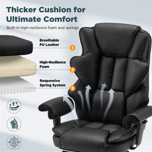 Ergonomic Executive Office Chair with 6-Point Vibration & Heat - Reclining Managerial Chair with Adjustable Footrest and Armrests,Big and Tall Leather Home Office Desk Chairs(Black)