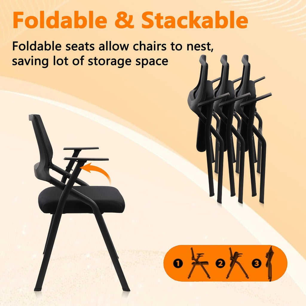 Stackable & Foldable Office Chairs with Ergonomic Lumbar Support and Thickened Seat Cushion, Folding Mesh Fabric Reception Guest Chair for School Church Lobby Conference Room, Black