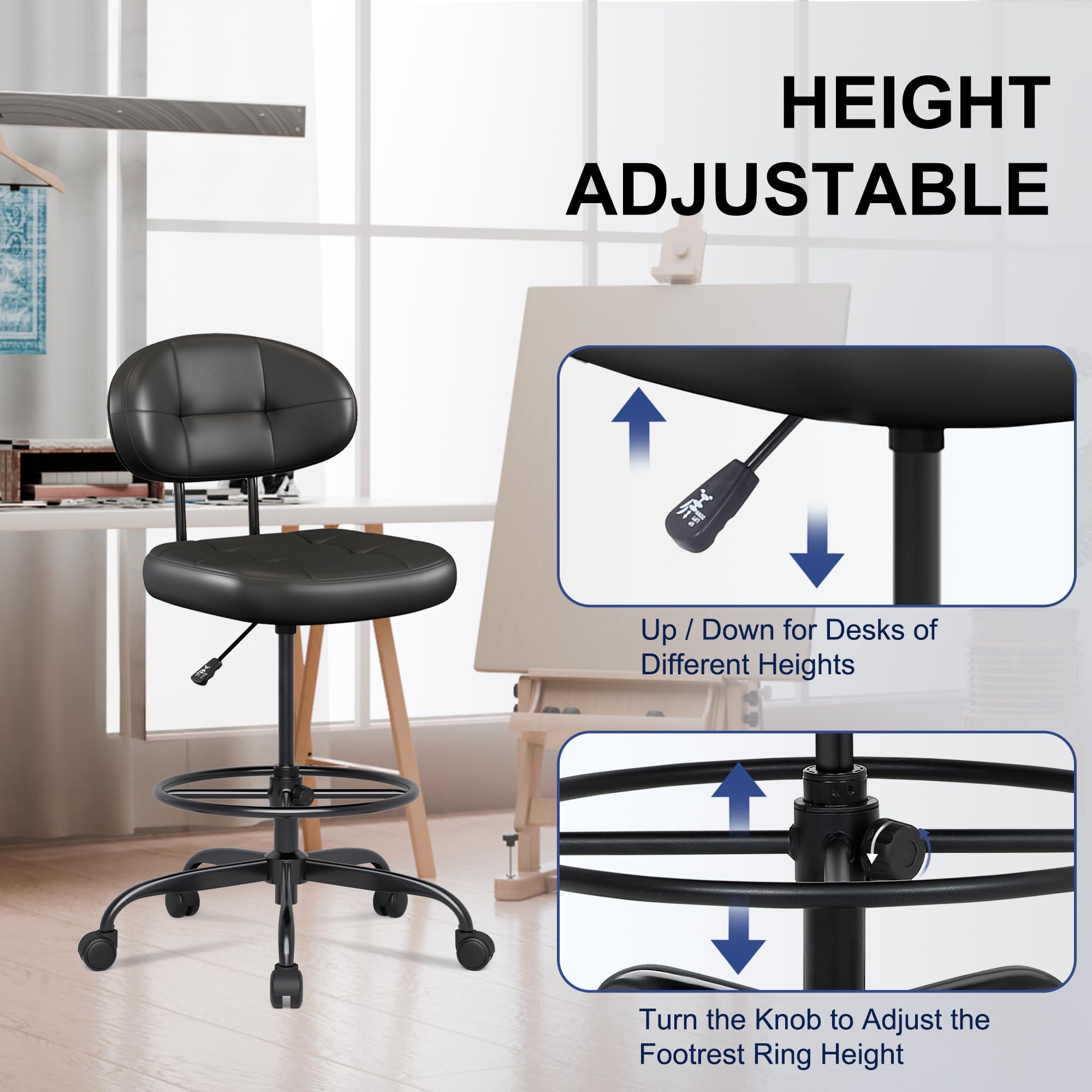Drafting Chair Without Arms, Tall Office Chair with Footrest Ring for Standing Desk, Small Faux Leather Executive Office Chair with Adjustable Height for Bar Lab Counter Height Desk, Black