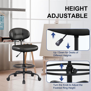 Drafting Chair Without Arms, Tall Office Chair with Footrest Ring for Standing Desk, Small Faux Leather Executive Office Chair with Adjustable Height for Bar Lab Counter Height Desk, Black