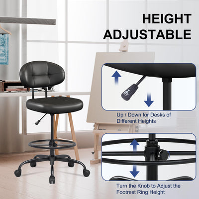Drafting Chair Without Arms, Tall Office Chair with Footrest Ring for Standing Desk, Small Faux Leather Executive Office Chair with Adjustable Height for Bar Lab Counter Height Desk, Black