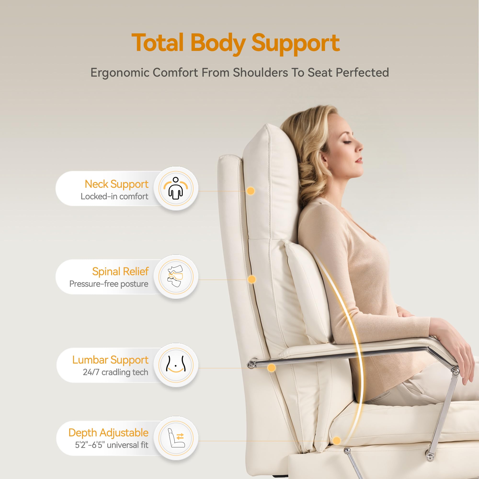 160° Reclining Office Chair with Footrest, 10" Thick Cloud Cushion Executive Desk Chair, Extra Wide Cross-Legged Ergonomic Chair for Big and Tall, Adjustable Seat Depth, Easy Assembly, Cream