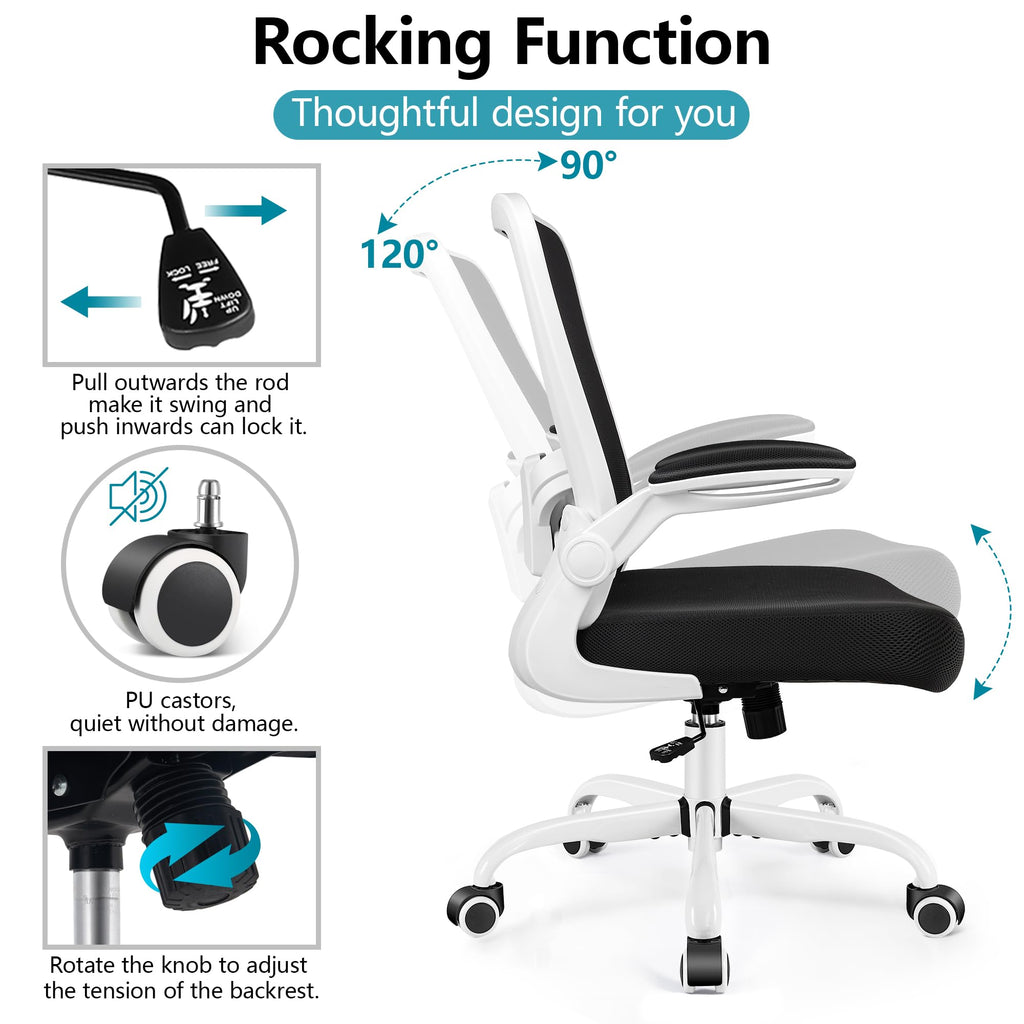 Office Chair, Ergonomic Desk Chair Breathable Mesh Chairs Adjustable High Back Lumbar Support Flip-up Armrests, Executive Rolling Swivel Comfy Computer Chairs Home Office White