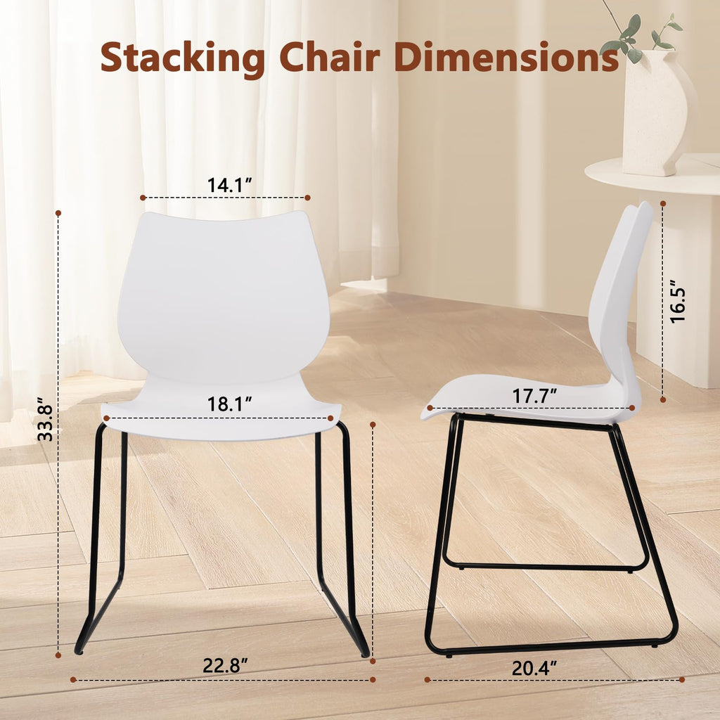 Set of 8, White, Stackable Waiting Room Chair, Stacking Office Chair with Ergonomic Lumbar Support and Metal Legs, Plastic Desk Chairs for Conference School Church Guest Reception