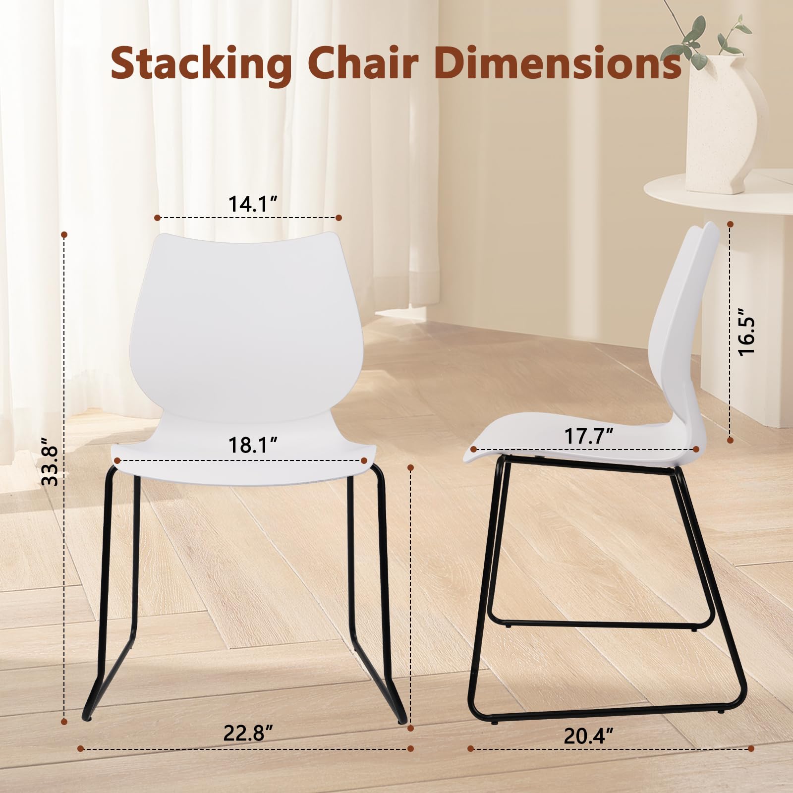 Set of 8, White, Stackable Waiting Room Chair, Stacking Office Chair with Ergonomic Lumbar Support and Metal Legs, Plastic Desk Chairs for Conference School Church Guest Reception