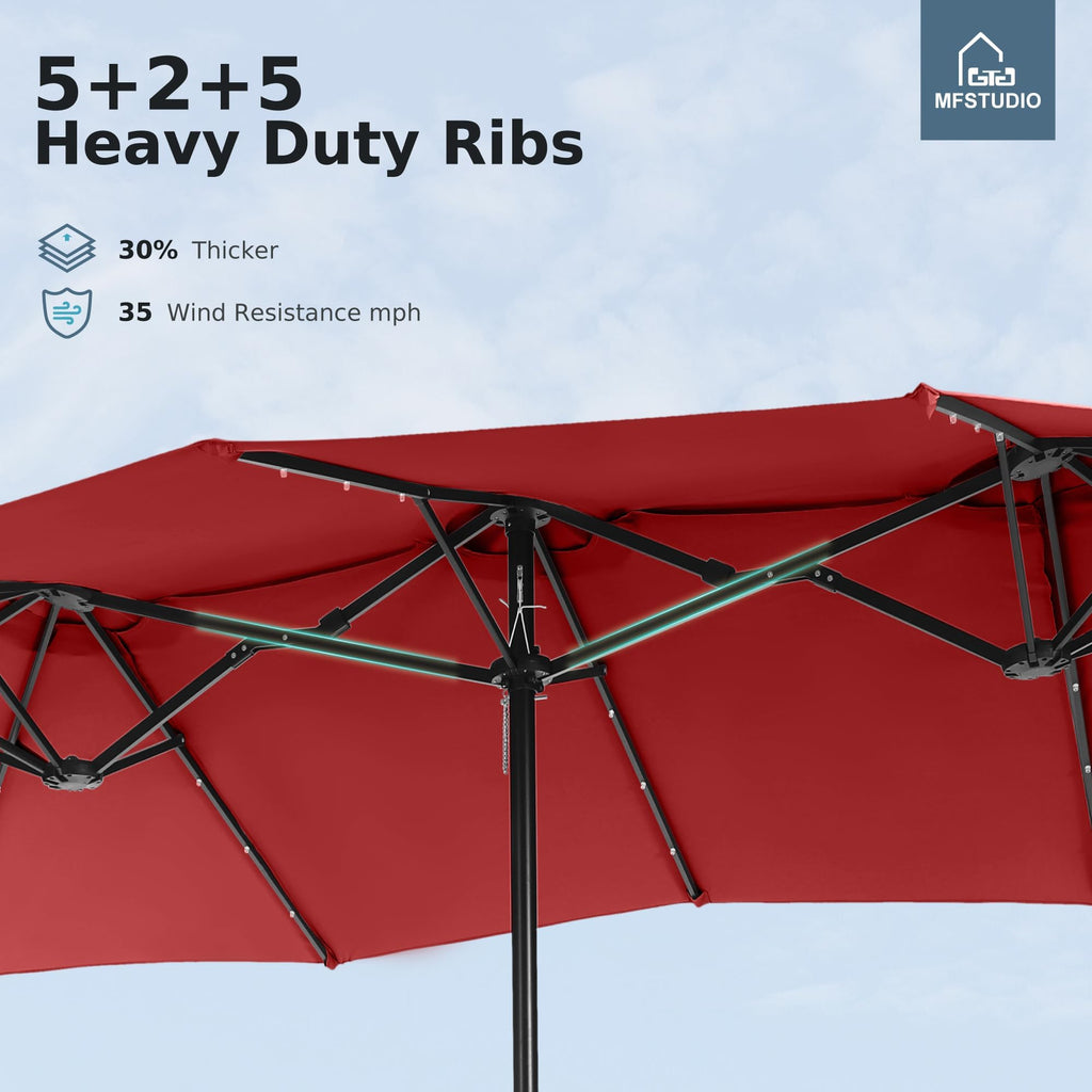15ft Patio Umbrella with Solar Lights, Outdoor Large Rectangular Umbrellas with Base, Crank Handle and 36 LED Lights for Yard Deck Pool, Burgundy Red