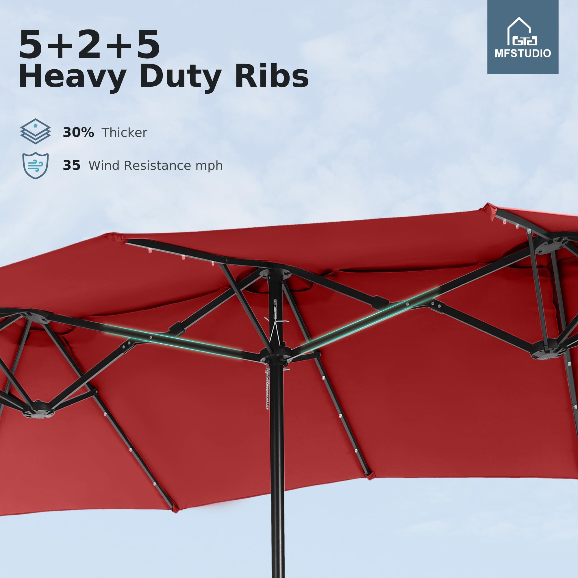 15ft Patio Umbrella with Solar Lights, Outdoor Large Rectangular Umbrellas with Base, Crank Handle and 36 LED Lights for Yard Deck Pool, Burgundy Red