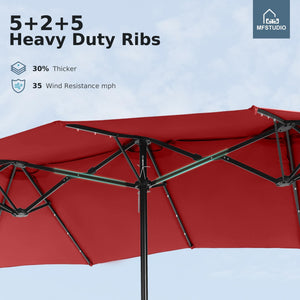 15ft Patio Umbrella with Solar Lights, Outdoor Large Rectangular Umbrellas with Base, Crank Handle and 36 LED Lights for Yard Deck Pool, Burgundy Red