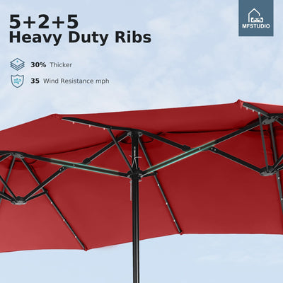 15ft Patio Umbrella with Solar Lights, Outdoor Large Rectangular Umbrellas with Base, Crank Handle and 36 LED Lights for Yard Deck Pool, Burgundy Red