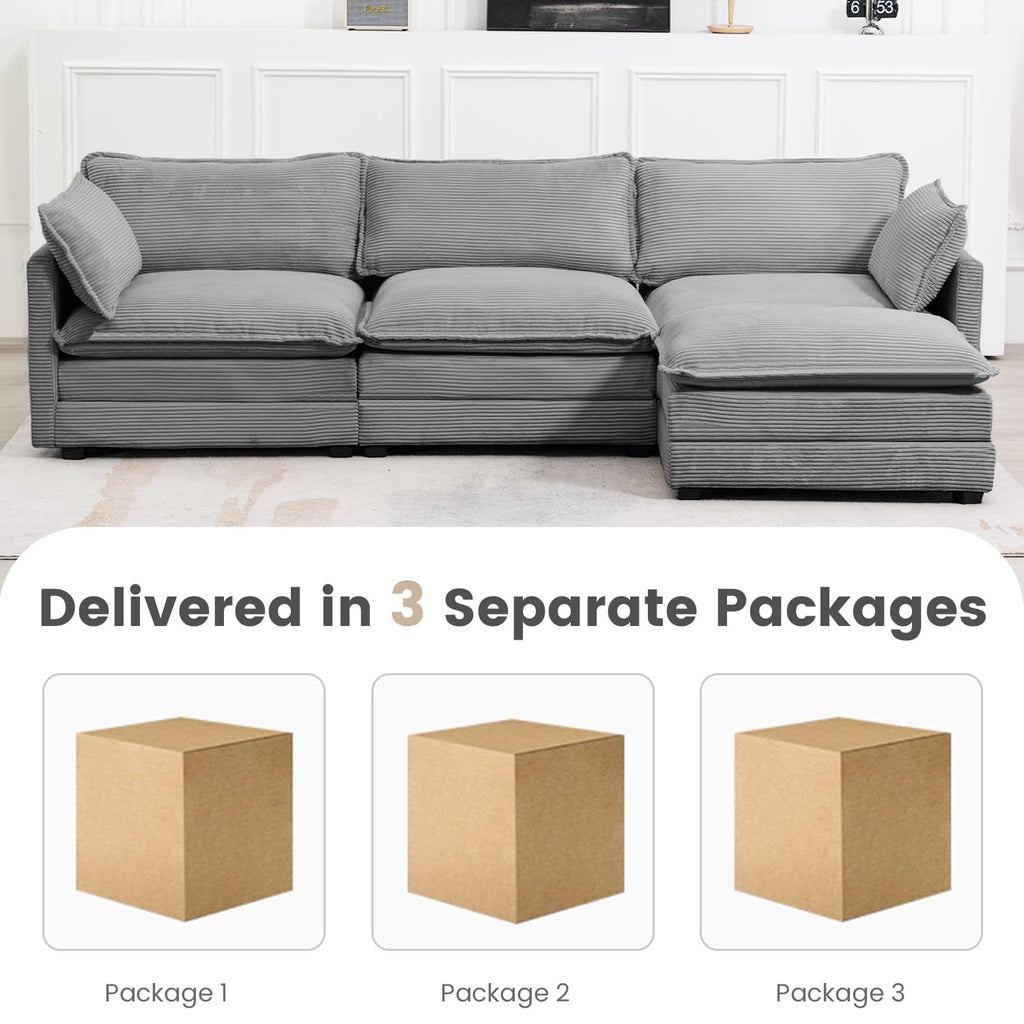 112'' Modular Sectional Cloud Couch with Movable Ottoman, 4 Seat Modern Corduroy Sofa with 2 Throw Pillows, Comfy Deep Seat L Shaped Couches for Living Room Bedroom Apartment, Dark Grey