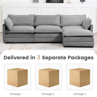 112'' Modular Sectional Cloud Couch with Movable Ottoman, 4 Seat Modern Corduroy Sofa with 2 Throw Pillows, Comfy Deep Seat L Shaped Couches for Living Room Bedroom Apartment, Dark Grey