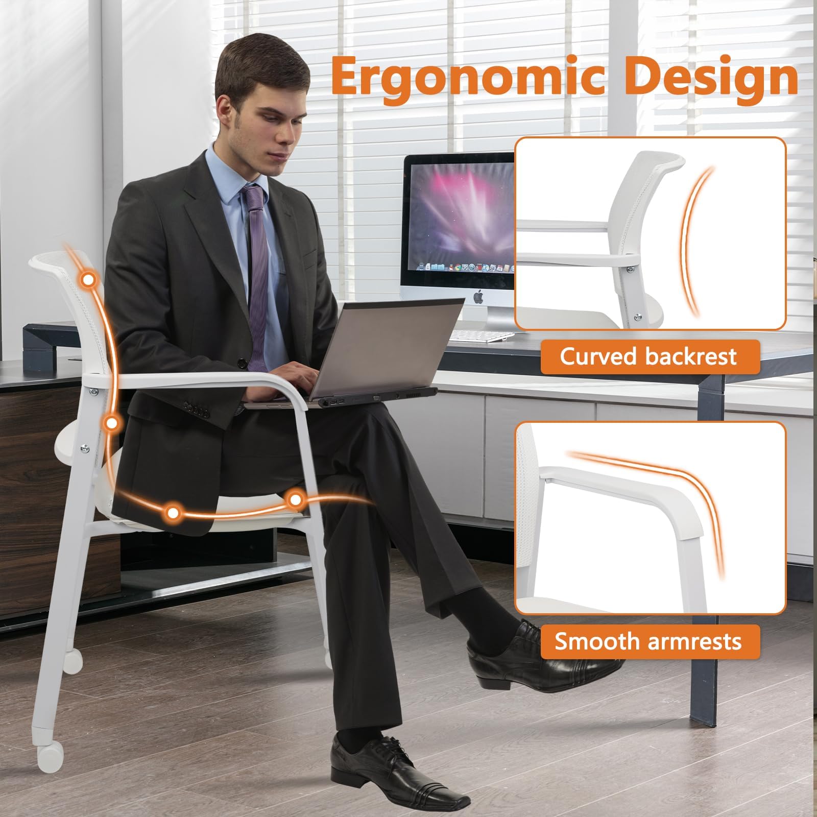 Stacking Office Chairs with Wheels | Mesh Back, Thicken Leather Seat and Streamline Armrests, Ergonomic Lumber Support | School, Desk, Guest Reception, Waiting, Conference, White