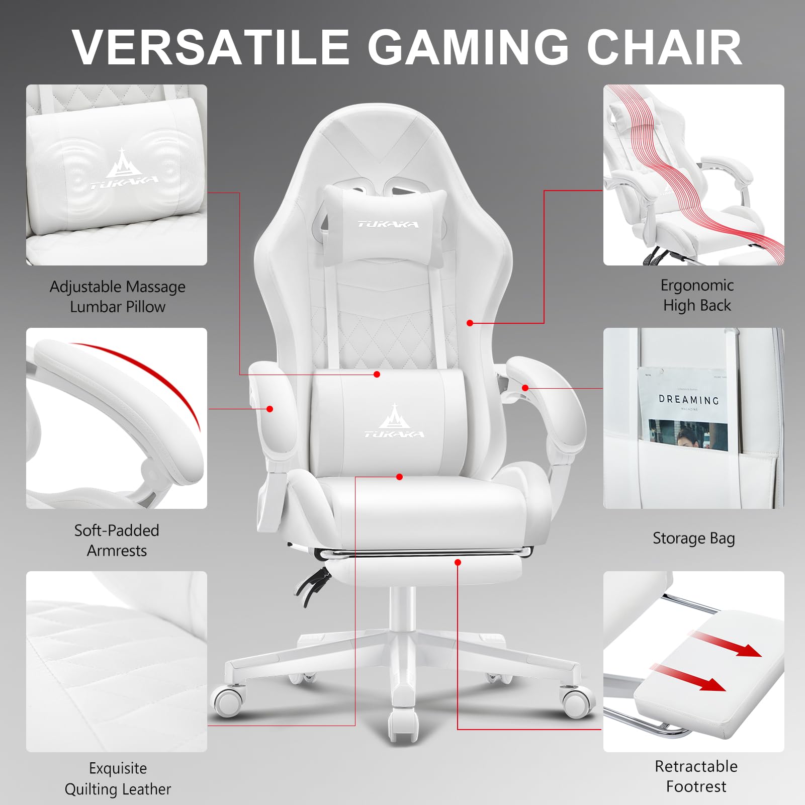 White Gaming Chair,Ergonomic Massage Computer Office Desk Chair with Footrest,Pocket Spring Cushion,Reclining Leather Adjustable Gamer Chair with Headrest and Lumbar Support,White