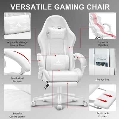 White Gaming Chair,Ergonomic Massage Computer Office Desk Chair with Footrest,Pocket Spring Cushion,Reclining Leather Adjustable Gamer Chair with Headrest and Lumbar Support,White