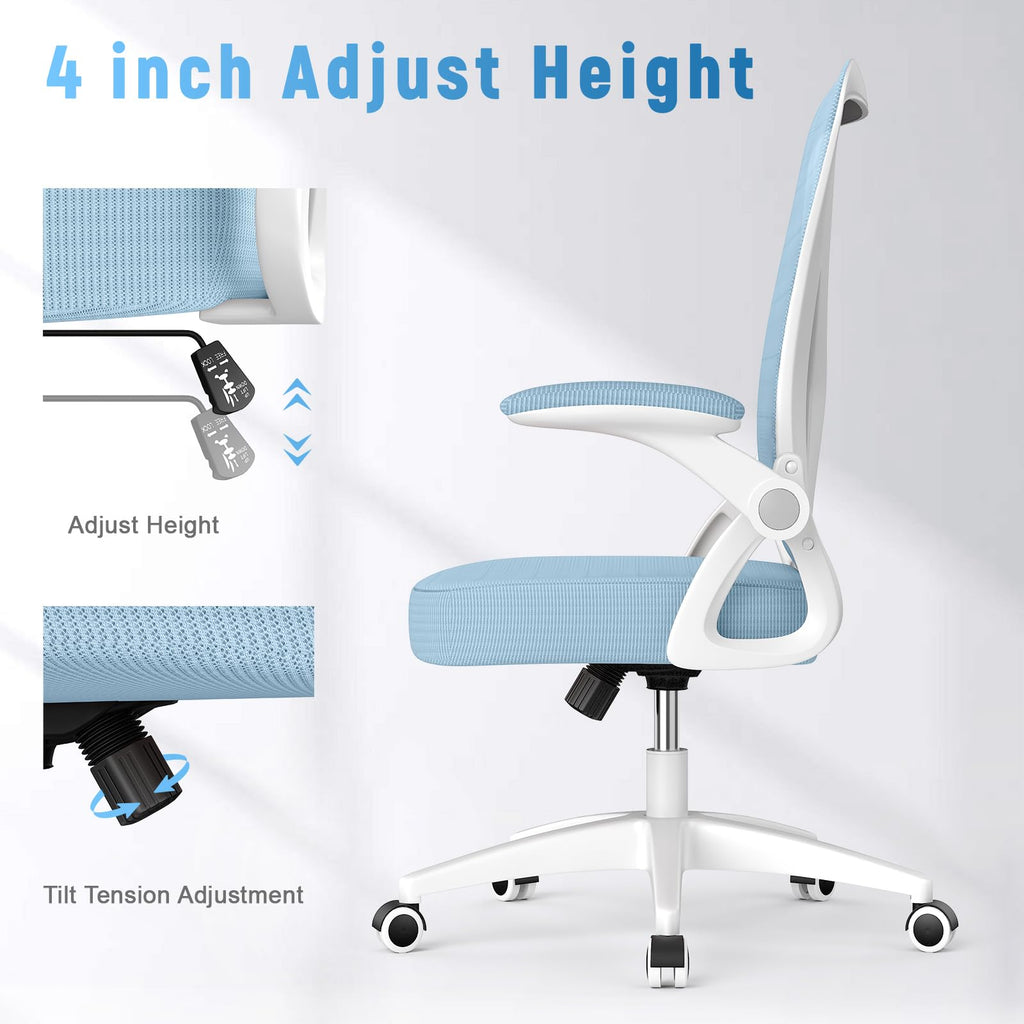 Office Chair, Desk Chair with Adjustable Height, Flip-Up Arms and Lumbar Support, Mid-Back Breathable Mesh Home Office Chair, Blue
