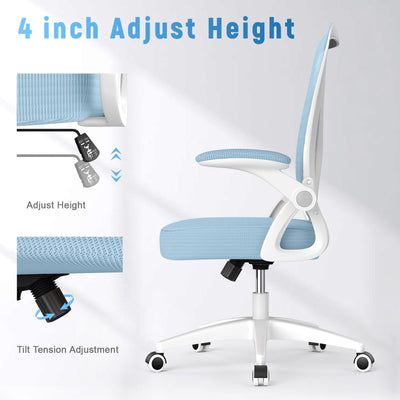 Office Chair, Desk Chair with Adjustable Height, Flip-Up Arms and Lumbar Support, Mid-Back Breathable Mesh Home Office Chair, Blue
