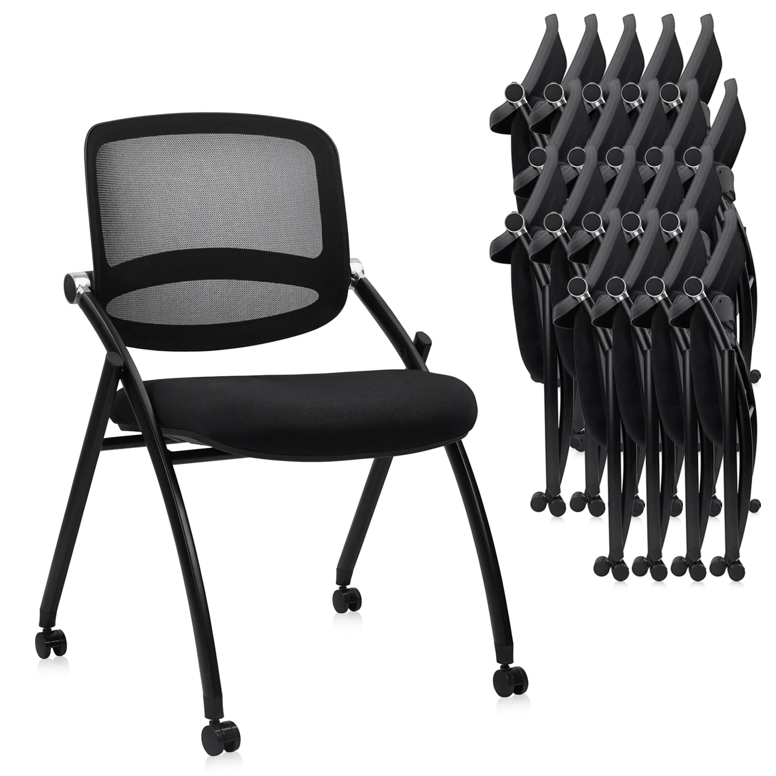 20PACK, Stackable & Foldable Chairs with Wheels, Reception Guest Chairs with Lumbar Support, Ergonomic Curved Mesh Back Folding Chair for Office Schools Conference Waiting Room, Black,