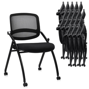 20PACK, Stackable & Foldable Chairs with Wheels, Reception Guest Chairs with Lumbar Support, Ergonomic Curved Mesh Back Folding Chair for Office Schools Conference Waiting Room, Black,