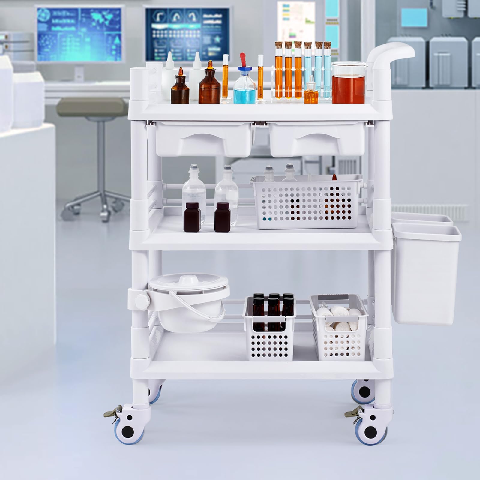 Medical Mobile Trolley Cart with 2 Drawers & 3 Trash Cans, 3 Tiers Beauty Salon Rolling Trolley with 4 Silent Wheels & 2 Dirts Bucket & Bowl, Medical Utility Cart for Hospital Dental Clinic Lab