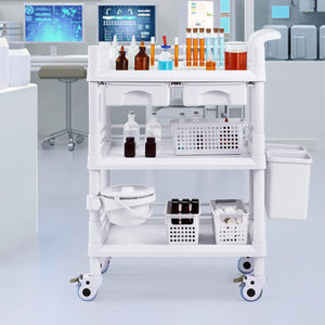 Medical Mobile Trolley Cart with 2 Drawers & 3 Trash Cans, 3 Tiers Beauty Salon Rolling Trolley with 4 Silent Wheels & 2 Dirts Bucket & Bowl, Medical Utility Cart for Hospital Dental Clinic Lab