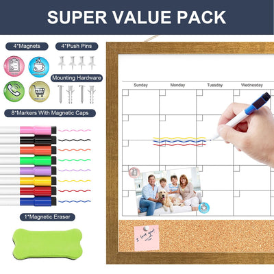 Calendar Whiteboard for Wall, 17x13 Inches White Board Calendar Dry Erase, Small Magnetic Monthly White Board with Gold Wood Frame, Hanging Dry Erase Board for Kitchen Home Office School Planner