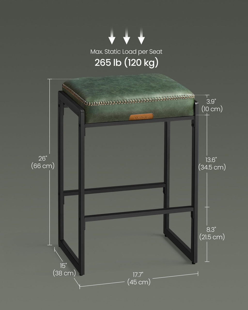 Bar Stools Set of 2, Counter Height Bar Stools, Synthetic Leather with Stitching, Mid-Century Modern Counter Stools, 26-Inch Tall, Kichen Home Bar Dining Room, Forest Green