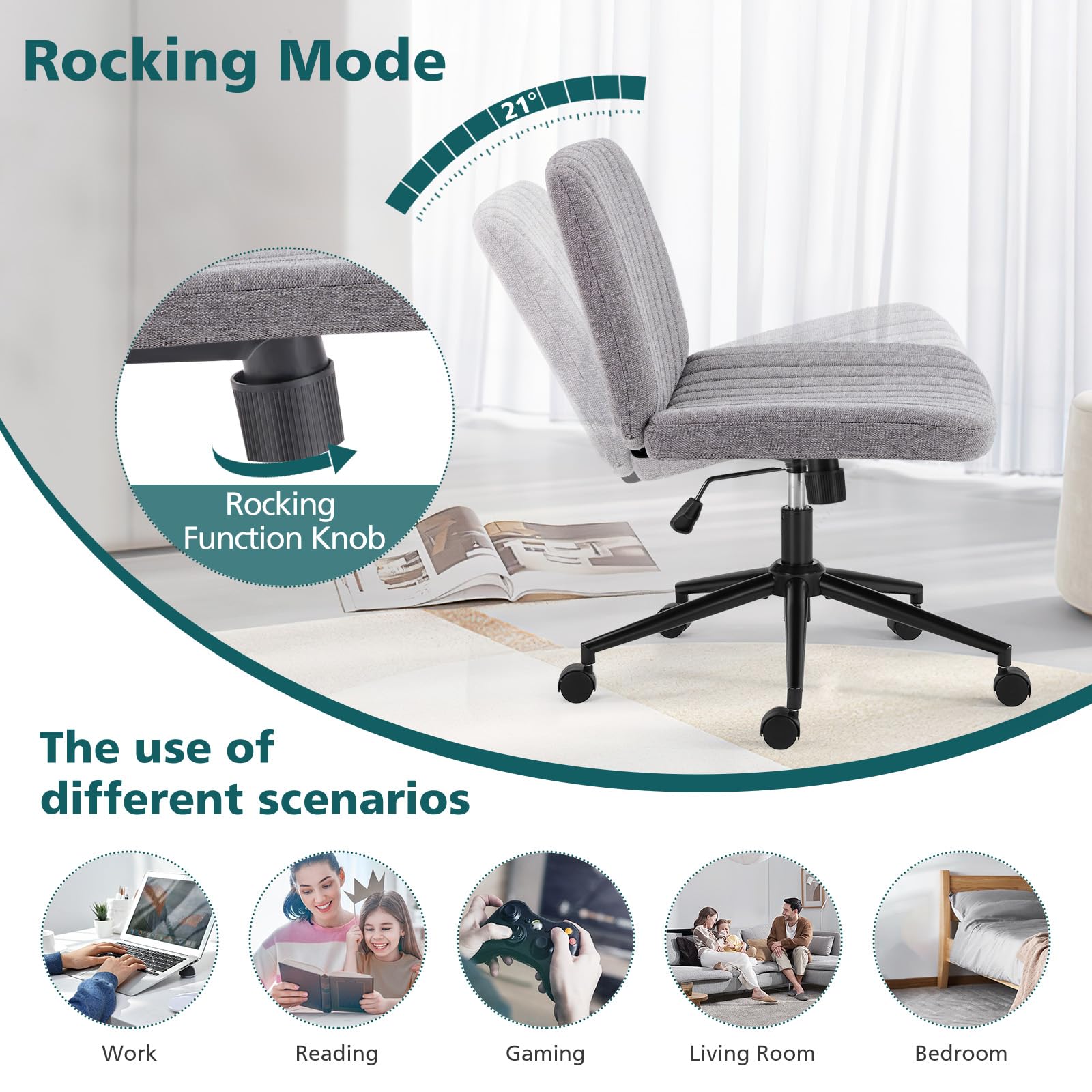 Criss Cross Chair with Wheels Wide Cross Legged Office Desk Vanity Chair Comfy Fabric Armless Height Adjustable Swivel for Home Computer Task Gray