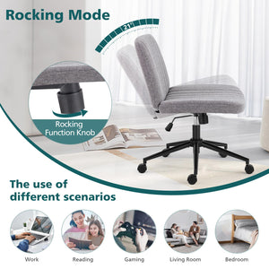 Criss Cross Chair with Wheels Wide Cross Legged Office Desk Vanity Chair Comfy Fabric Armless Height Adjustable Swivel for Home Computer Task Gray