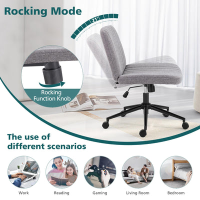Criss Cross Chair with Wheels Wide Cross Legged Office Desk Vanity Chair Comfy Fabric Armless Height Adjustable Swivel for Home Computer Task Gray