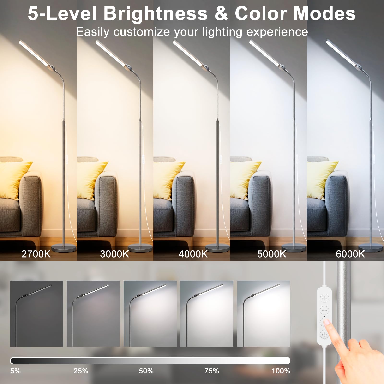 Bright Floor Lamp, 18W/2000LM Silver LED Floor Lamp with Double Head, Adjustable Gooseneck Dimmable Craft Light for Sewing Tatoo Puzzle，Eye Caring Reading Lamps for Living Room Bedroom Office