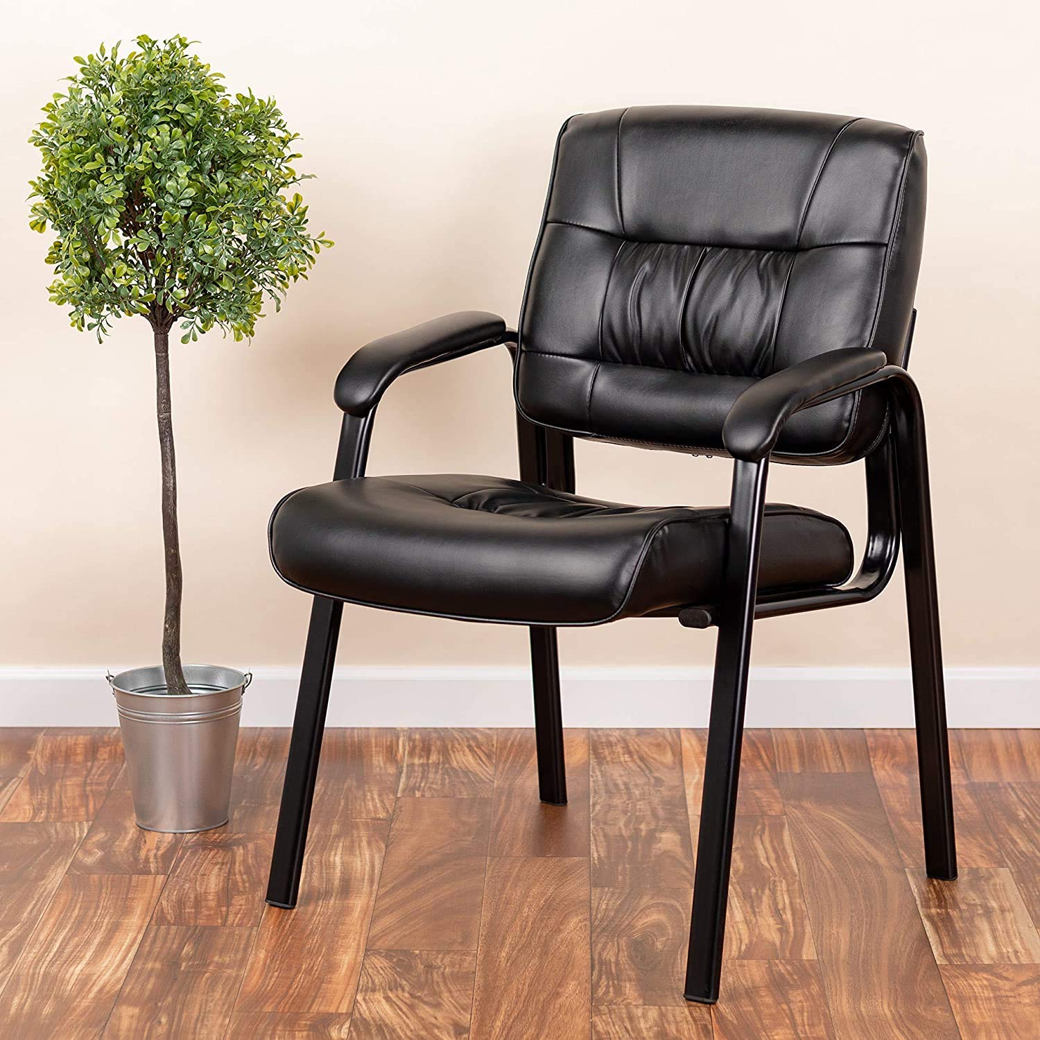 Haeger LeatherSoft Tufted Executive Reception Chair with Padded Armrests, Upholstered Side Chair for Living Room or Office, Black