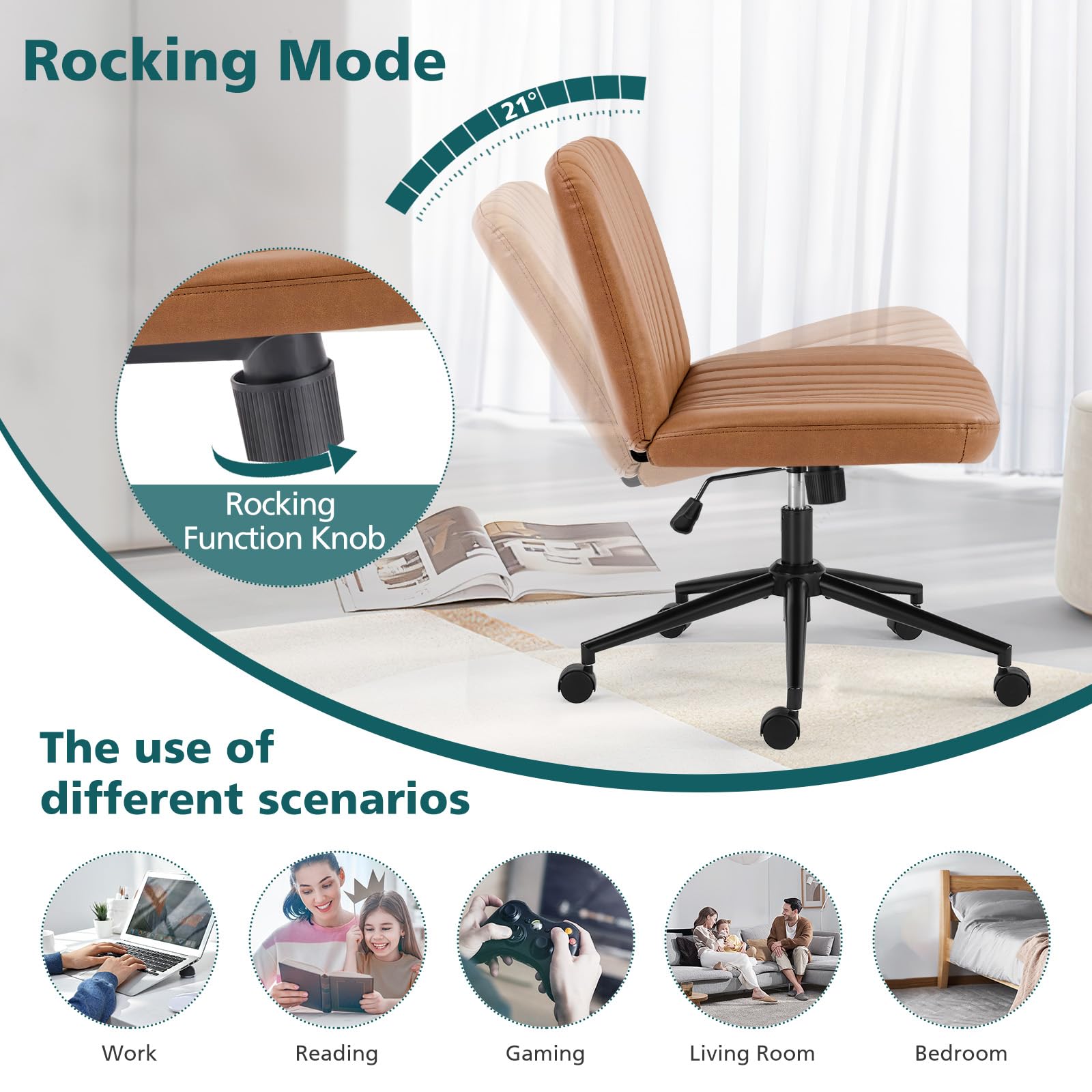 Criss Cross Chair with Wheels Wide Cross Legged Office Desk Vanity Chair Comfy Fabric Armless Adjustable Swivel for Home Computer Task PU Brown