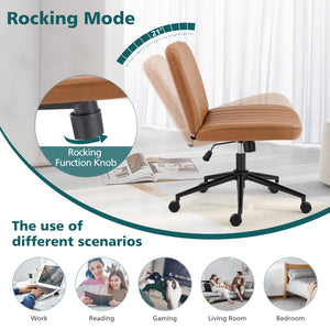 Criss Cross Chair with Wheels Wide Cross Legged Office Desk Vanity Chair Comfy Fabric Armless Adjustable Swivel for Home Computer Task PU Brown