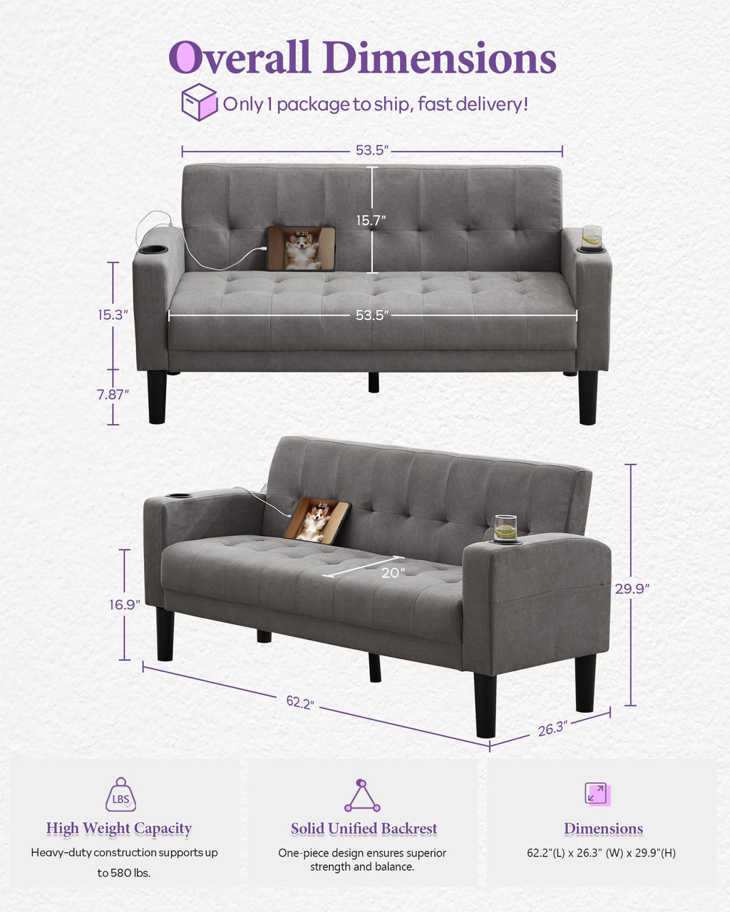 Sofa Couch 62" W Loveseat w/ 2 USB Charger Ports & 2 Cupholders, Mid-Century Modern Tufted Small Love Seat Couches for Office,Compact Living Room,Bedroom,Apartment,Dorm(Light Grey)
