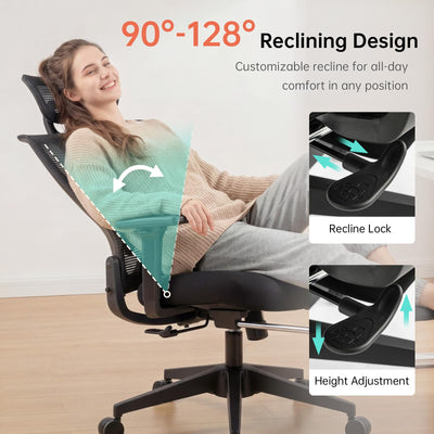 Foldable Office Chair with Foot Rest, Ergonomic Office Chair with Adjustable Lumbar Support, Headrest, Armrest, Home Office Desk Chairs for Space Saving, Work from Home, Black