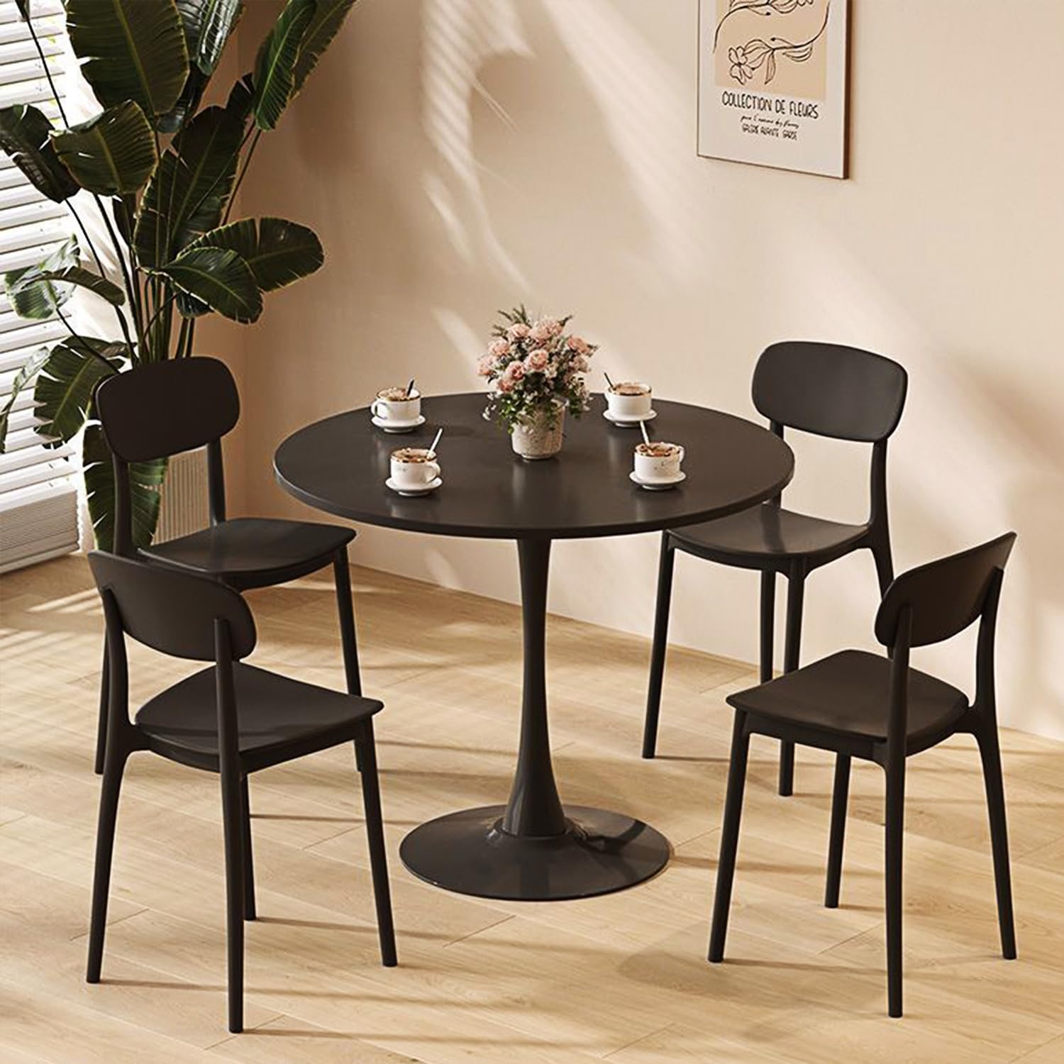 31.5" Tulip Table for 2-4 Persons Modern Round Dining Room Table, Mid-Century Modern Black Small Kitchen Table with MDF Wooden Top, Leisure Coffee Table for Living Room, Dining Room, Office