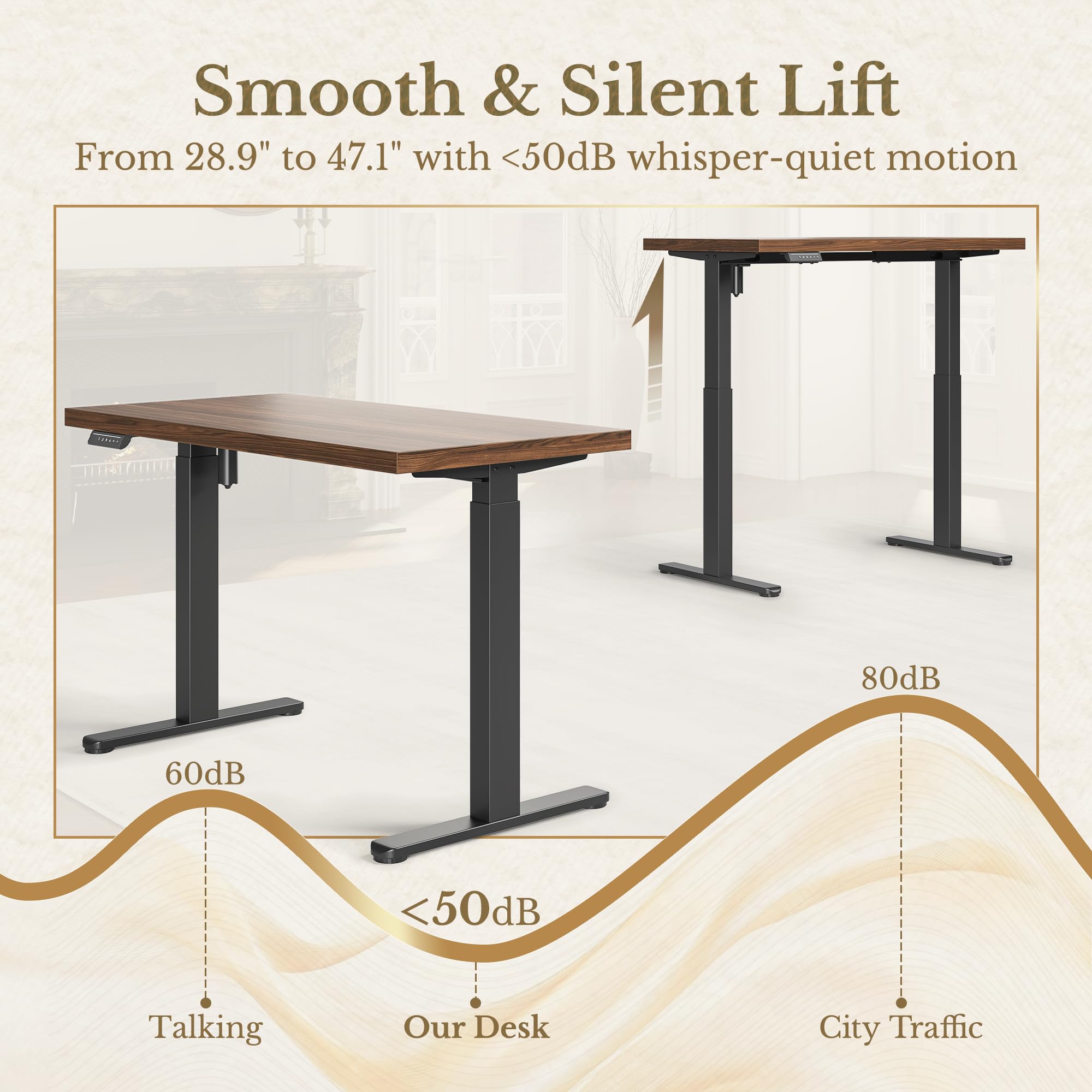 Electric Standing Desk, 48 Inch Adjustable Height Sit Stand Up Desk with 1.18" Thickness Whole-Piece Desktop, Computer Office Desk for Home Office, Black Walnut