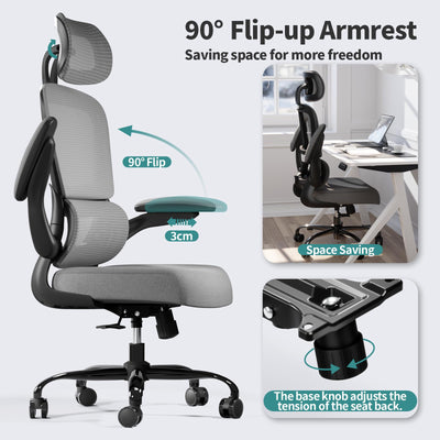 Office Chair Ergonomic Desk Chair, 330 LBS Home Mesh Office Desk Chairs with Wheels, Comfortable Gaming Chairs (Black Grey)