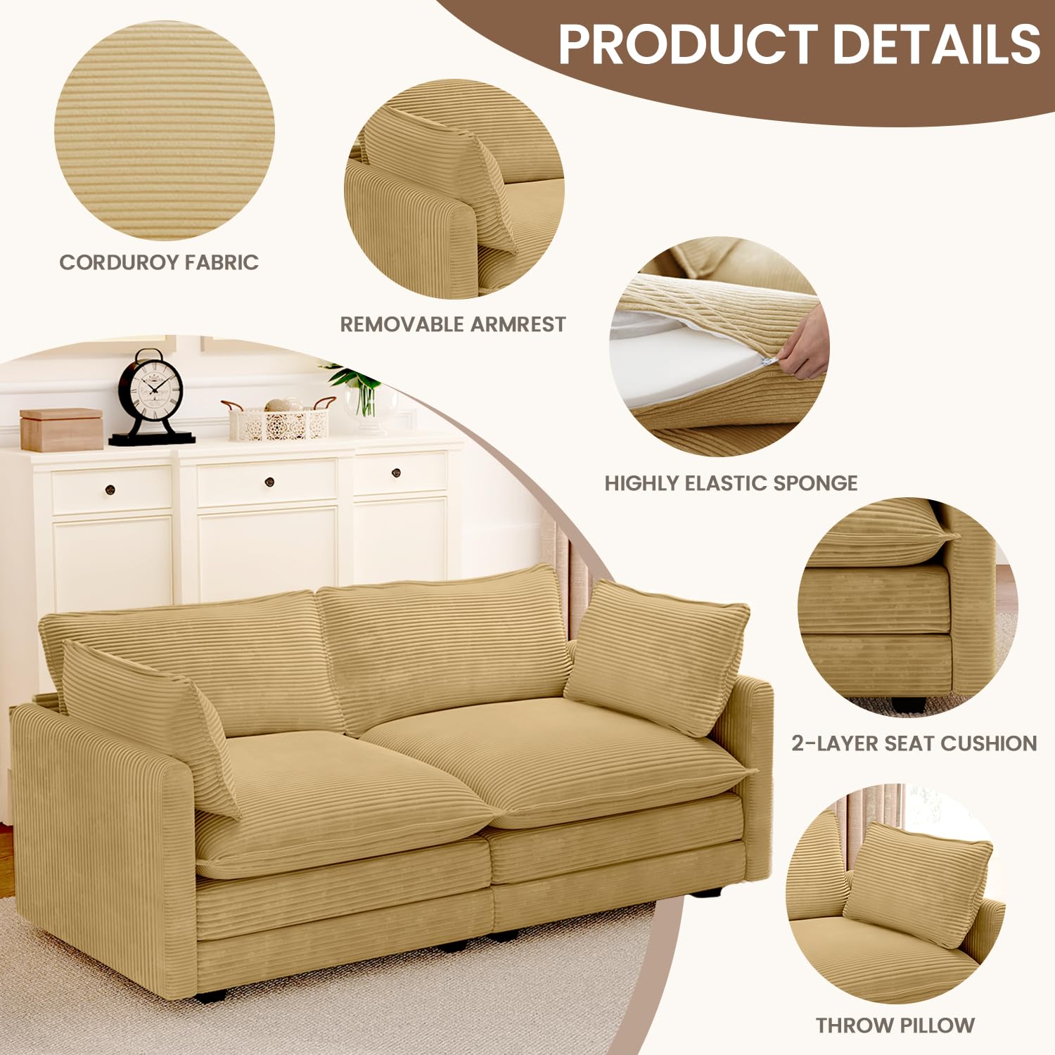 78'' Sectional 2 Seat Cloud Loveseat with 2 Throw Pillows, Modern Corduroy Love Seat, Convertible Cozy Sofa for Living Room, Bedroom and Office, Yellow