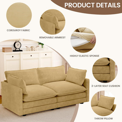 78'' Sectional 2 Seat Cloud Loveseat with 2 Throw Pillows, Modern Corduroy Love Seat, Convertible Cozy Sofa for Living Room, Bedroom and Office, Yellow
